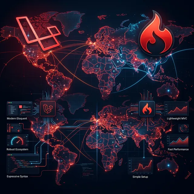 Laravel vs CodeIgniter PHP framework comparison banner with futuristic map