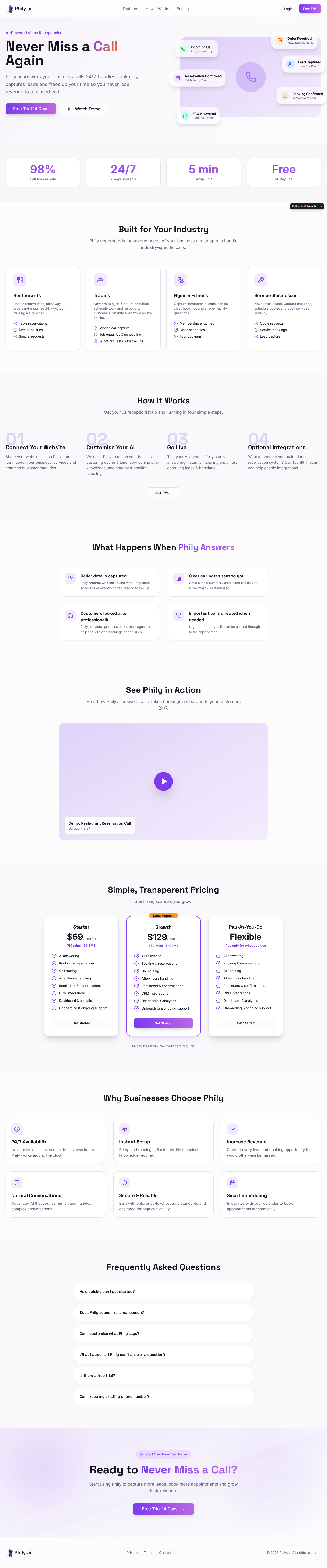 AI-powered business phone assistant that operates 24/7 to handle inbound calls, manage bookings, capture leads, and prevent revenue loss from missed opportunities.